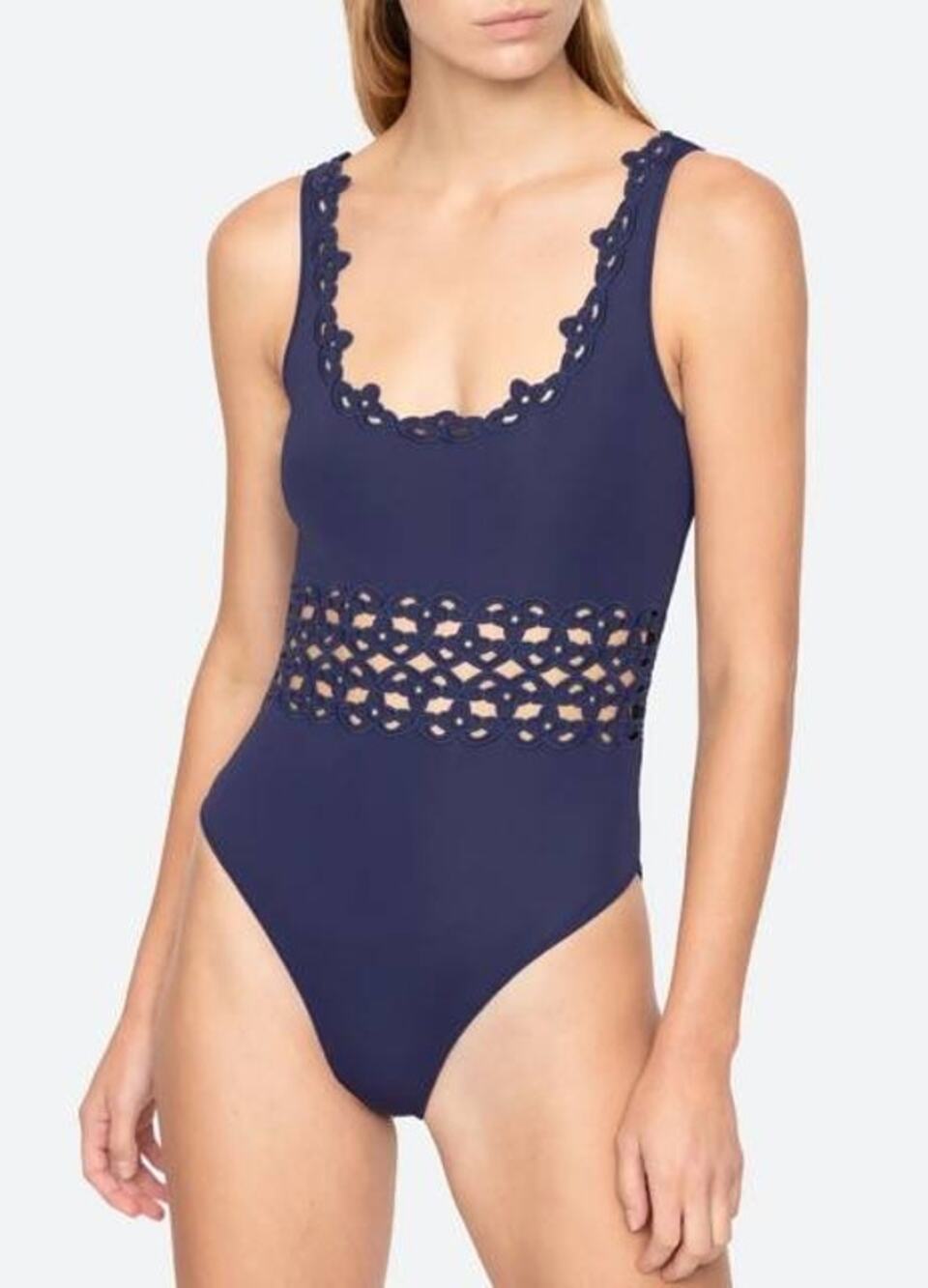 SEA NY Leila One Piece Swimsuit Eyelet Trim Bathing Suit in Navy S